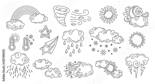 Weather doodle set. Black line sun and clouds  rain or snow  lightning  moon and star  rainbow  thermometer. Symbols of forecast weather. Meteorological infographics outline signs. Vector illustration