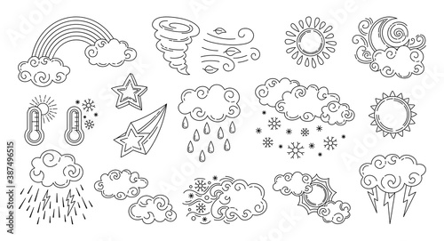 Weather doodle set. Black line sun and clouds, rain or snow, lightning, moon and star, rainbow, thermometer. Symbols of forecast weather. Meteorological infographics outline signs. Vector illustration