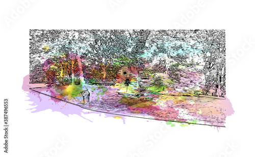 Building view with landmark of Bonn is a city in western Germany straddling the Rhine river. Watercolor splash with hand drawn sketch illustration in vector.