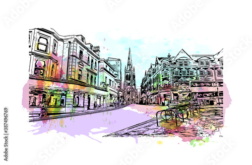 Building view with landmark of Bournemouth is a coastal resort town on the south coast of England. Watercolor splash with hand drawn sketch illustration in vector.