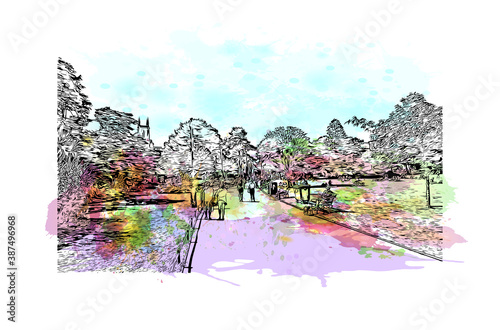 Building view with landmark of Bournemouth is a coastal resort town on the south coast of England. Watercolor splash with hand drawn sketch illustration in vector.