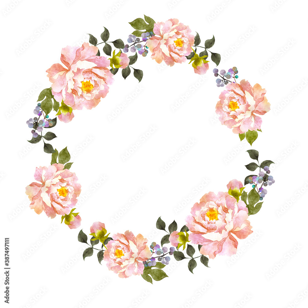 ピンクの牡丹の花リース Watercolor wreath of peoney flowes isolated
