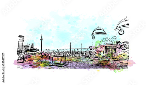 Building view with landmark of Bournemouth is a coastal resort town on the south coast of England. Watercolor splash with hand drawn sketch illustration in vector.