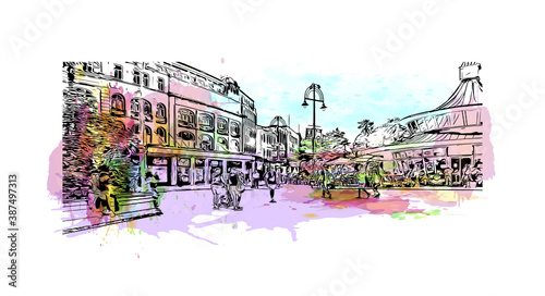 Building view with landmark of Bournemouth is a coastal resort town on the south coast of England. Watercolor splash with hand drawn sketch illustration in vector.