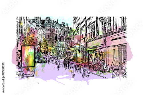 Building view with landmark of Bournemouth is a coastal resort town on the south coast of England. Watercolor splash with hand drawn sketch illustration in vector.
