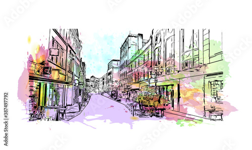 Building view with landmark of Bournemouth is a coastal resort town on the south coast of England. Watercolor splash with hand drawn sketch illustration in vector.