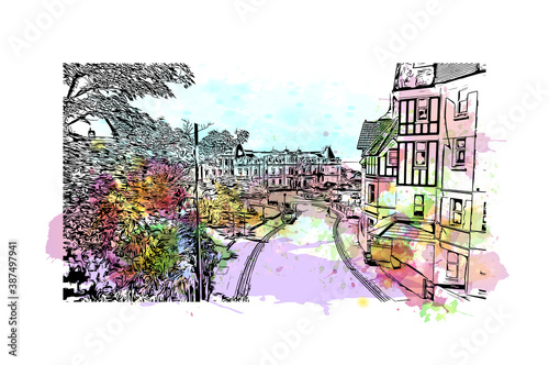 Building view with landmark of Bournemouth is a coastal resort town on the south coast of England. Watercolor splash with hand drawn sketch illustration in vector.