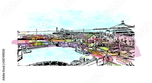 Building view with landmark of Bournemouth is a coastal resort town on the south coast of England. Watercolor splash with hand drawn sketch illustration in vector.