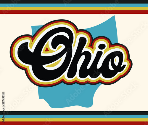Ohio lettering text with a 70s vintage stylized aesthetic typography, in muted rainbow colors