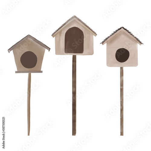 Watercolor illustration of wooden birdhouse collection