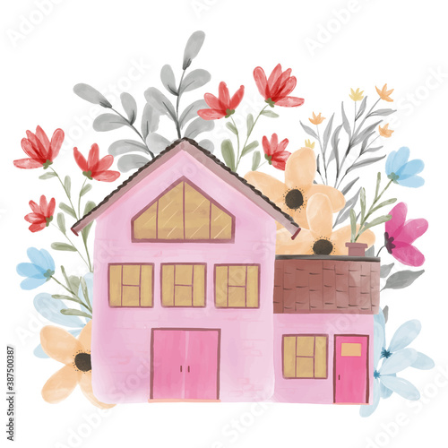 Watercolor home sweet home concept illustration with flower