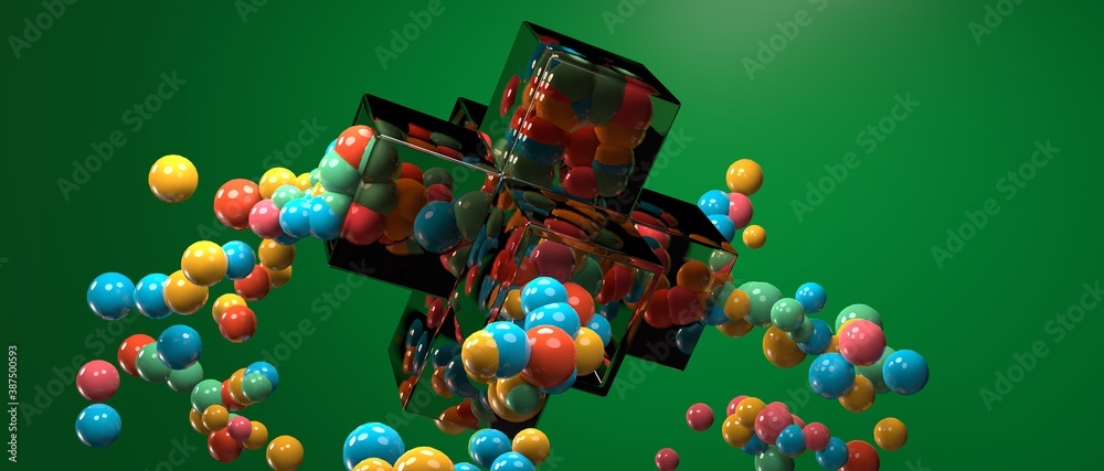 3D renders of abstract, colourful and dynamic  balls exploding out of glass structure. Fun and playful.