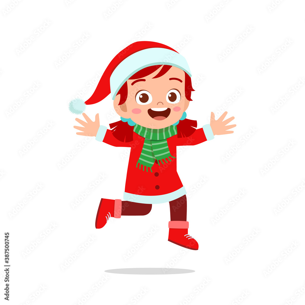 happy cute little kid boy and girl wearing red christmas costume and jump happy cute little kid boy and girl wearing red christmas costume and jump