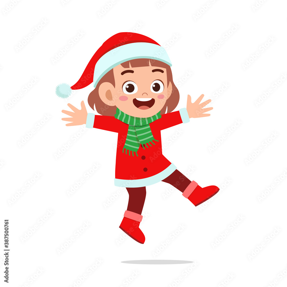happy cute little kid boy and girl wearing red christmas costume and jump happy cute little kid boy and girl wearing red christmas costume and jump