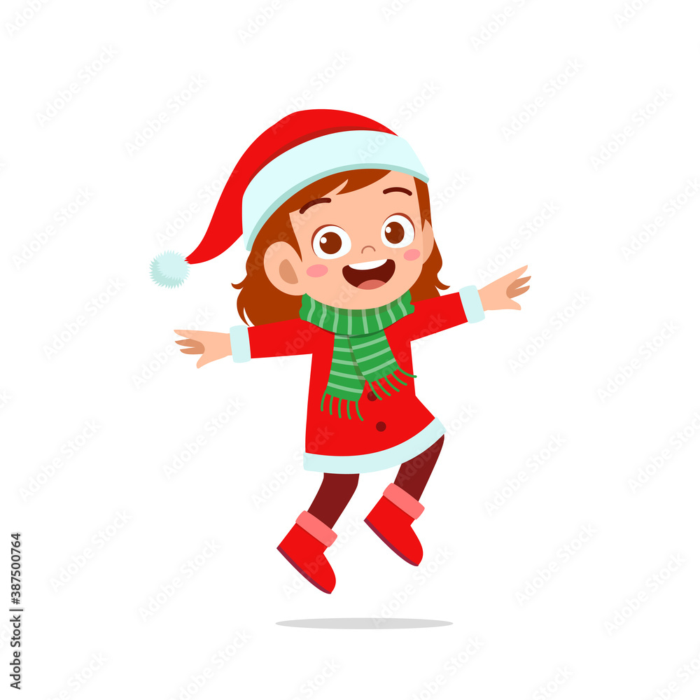 happy cute little kid boy and girl wearing red christmas costume and jump happy cute little kid boy and girl wearing red christmas costume and jump