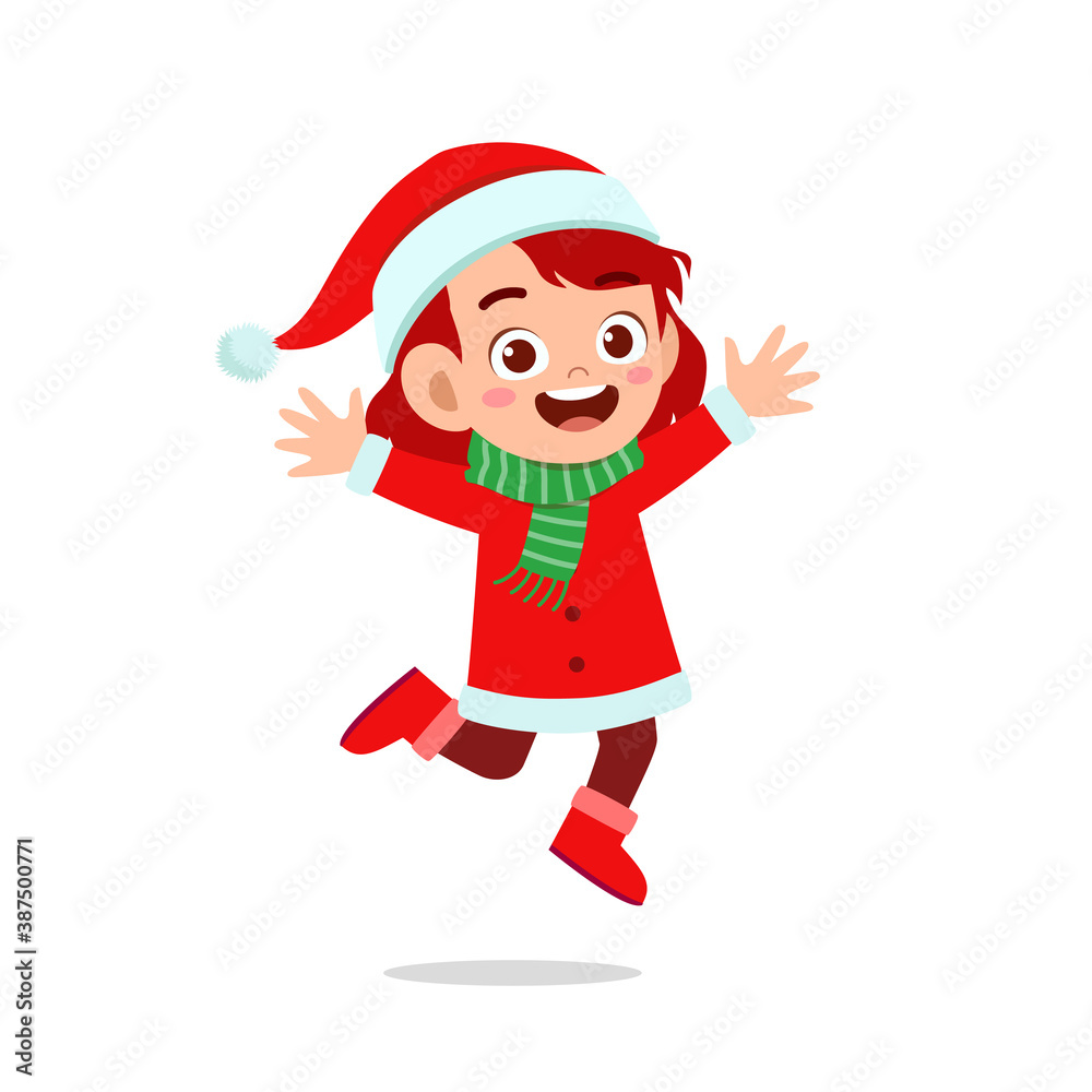 happy cute little kid boy and girl wearing red christmas costume and jump happy cute little kid boy and girl wearing red christmas costume and jump