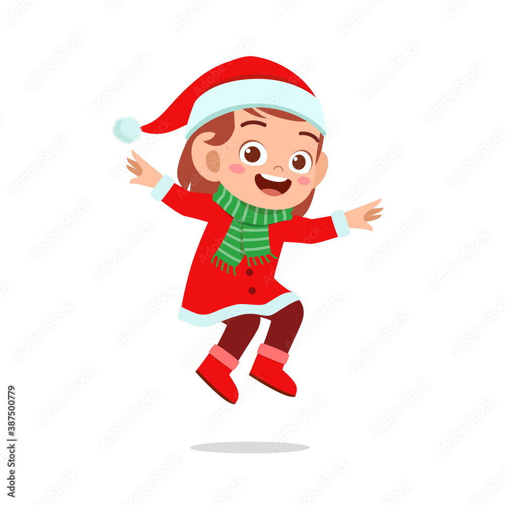 happy cute little kid boy and girl wearing red christmas costume and jump happy cute little kid boy and girl wearing red christmas costume and jump