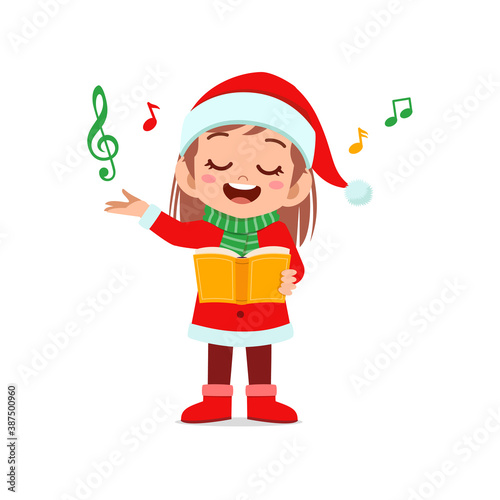 happy cute little kid boy and girl wearing red christmas costume and sing a song