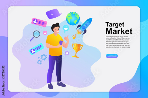 Target market concept. A marketer uses a smartphone for audience research and business strategy. Icons of a rocket, globe, and trophy symbolize launch, global reach, and success. Vector for a website.