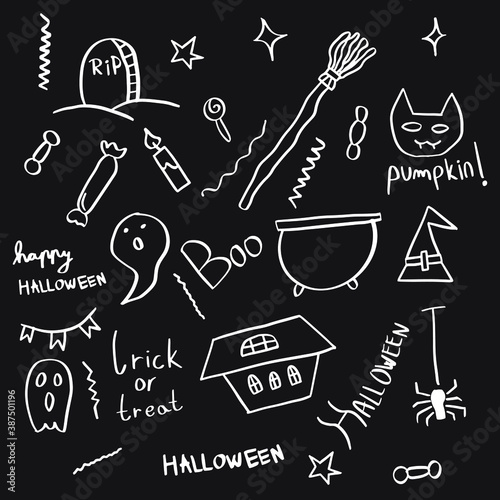 Happy Halloween doodles, roughly hand drawn, handmade collection of Halloween, holiday related icons EPS Vector