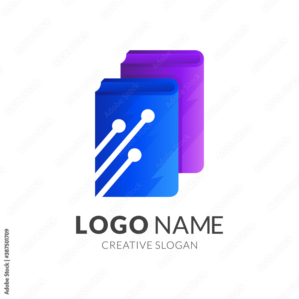 book tech logo, book and technology, combination logo with 3d blue and purple style book tech logo, book and technology, combination logo with 3d blue and purple style