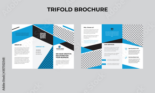 Tri fold brochure design. Teal, orange corporate business template for tri fold flyer. Layout with modern circle photo and abstract background. Creative concept 3 folded flyer or brochure.