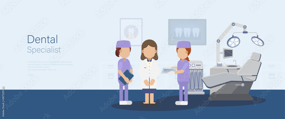 Dental specialist banner with medical staff flat design vector illustration