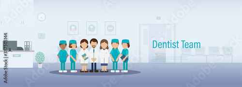 Dentist team banner with group of medical staff in clinic flat design vector illustration