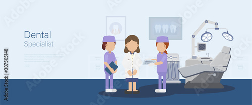 Dental specialist banner with medical staff flat design vector illustration
