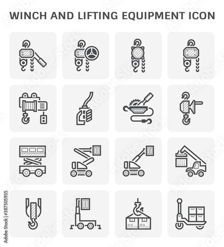 Winch icon and other lifting equipment icon such as scissor lift, cherry picker, reach stacker etc for vary work and industry such as construction, production, rection, maintenance and warehousing. 