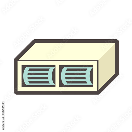 Duct air conditioner (AC) indoor unit or evaporator icon. Ceiling mounted. Part of mini split or ductless system type. For remove heat and moisture from room. Temperature and humidity control.