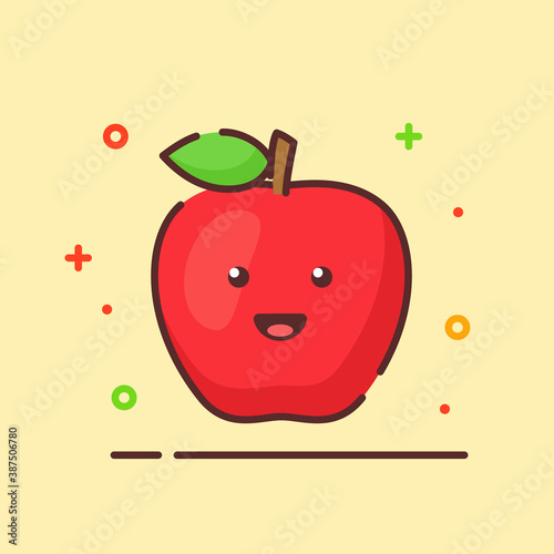 apple cute mascot face emotion happy fruit with color flat cartoon outline style