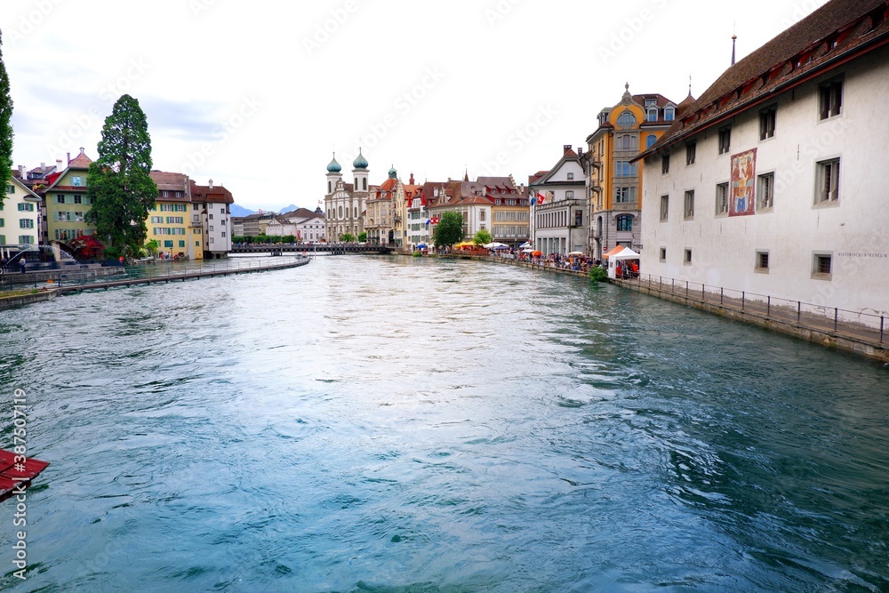 Historic city centre of old town Lucerne with crystal clear blue lake Lucerne and crowd of cityscape, Vierwaldstattersee, Canton of Lucerne, Luzern, Switzerland.