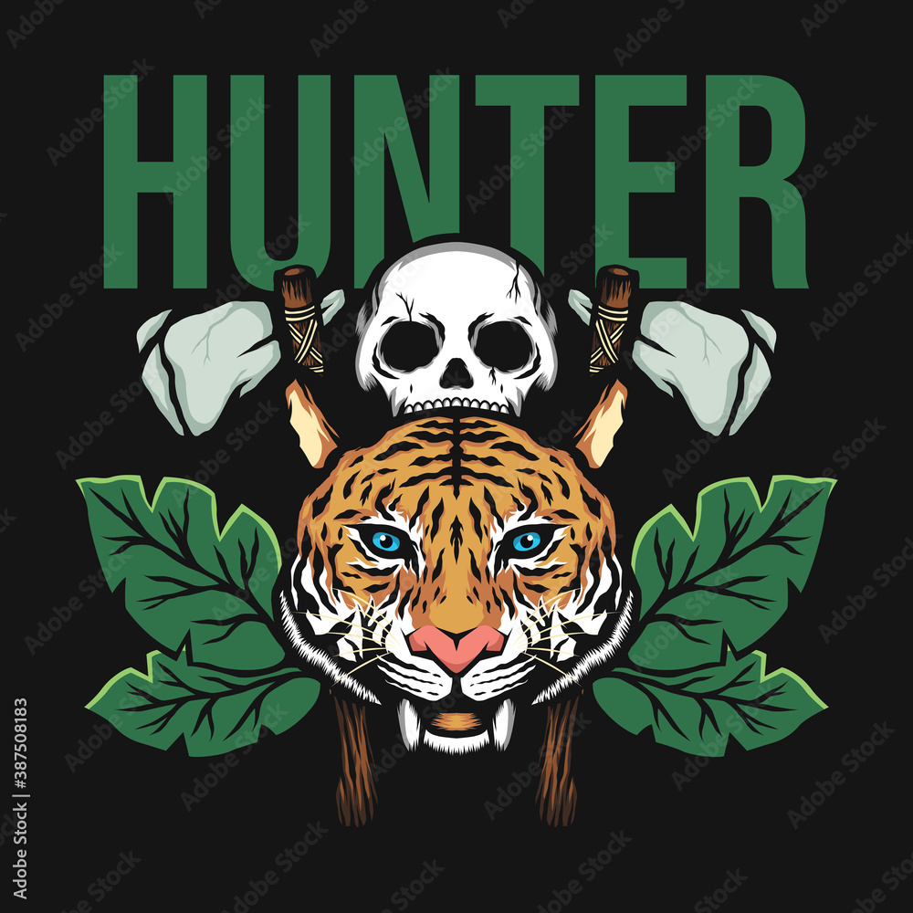 Ancient Tiger with Ancient weapons and skull illustration