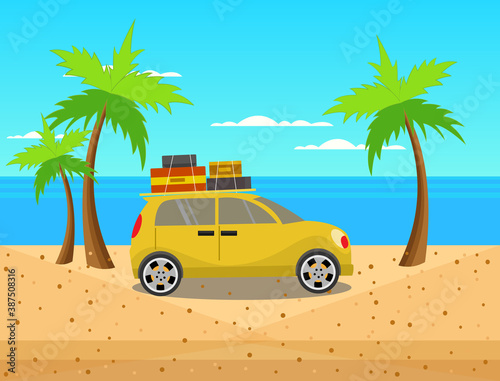 Car parked on the beach with a bright atmosphere