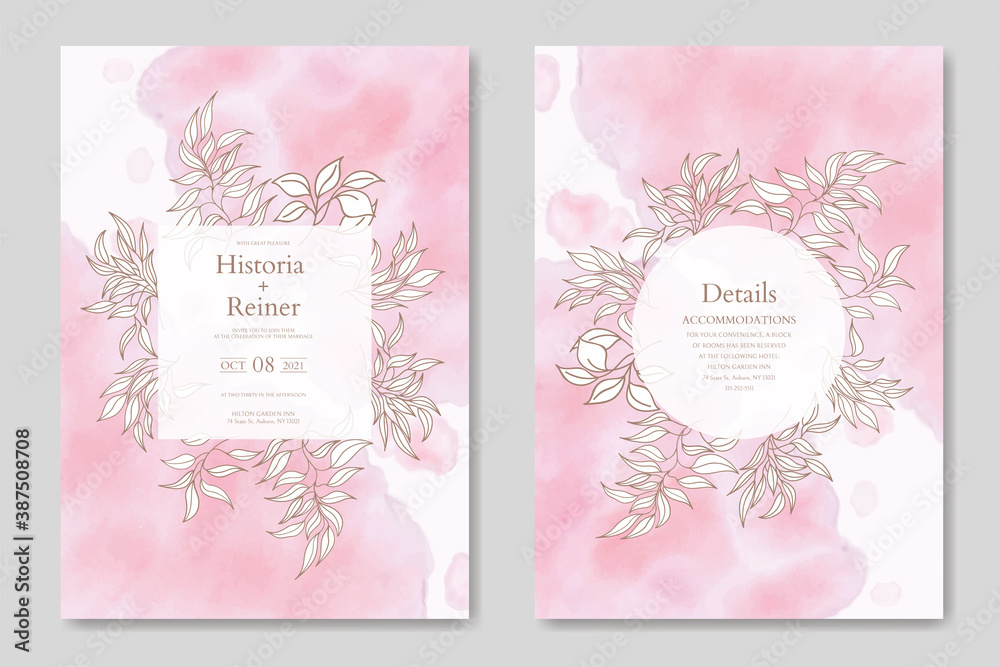 Floral wedding invitation card template with watercolor abstract background