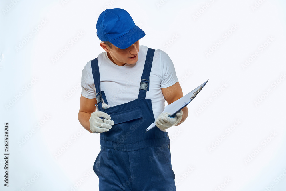 Working man in uniform documents delivery service courier Working man in uniform documents delivery service courier