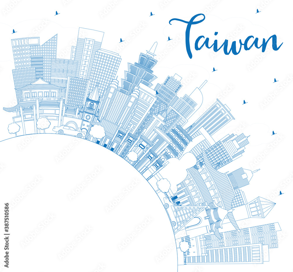 Outline Taiwan City Skyline with Blue Buildings and Copy Space.
