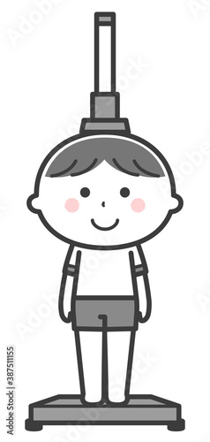 身体計測／身長計の上に乗る男の子／2色