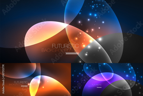 Set of neon abstract backgrounds. Shiny bright glowing ellipses in the dark. Vector futuristic illustrations for covers, banners, flyers and posters and other