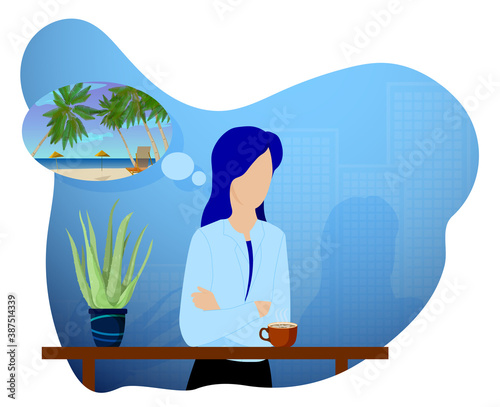young girl with mug of cocoa at table recalls her summer sea vacation. Memories of summer vacations. Depressed autumn mood, depression. Vector