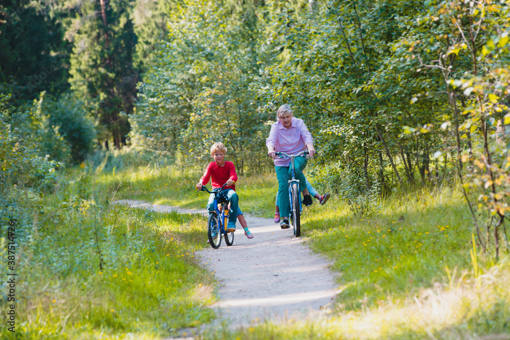 Fototapeta premium active senior grandmother with kids riding bikes in nature