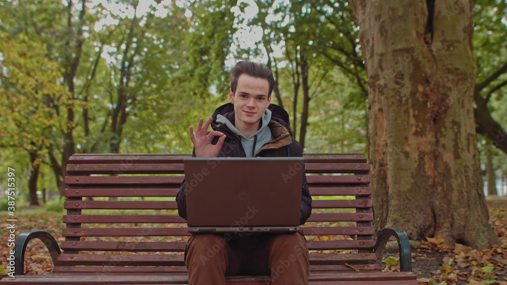 Medium shot of handsome young man working on laptop computer sitting outdoors in park, then looks at the camera and shows OK.Work alone is far from the office,freelancer