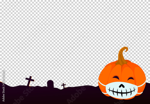 Halloween medical  mask,  pumpkin wearing  medical at night with COVID-19 and virus  isolated  on png or transparent  background, vector illustration