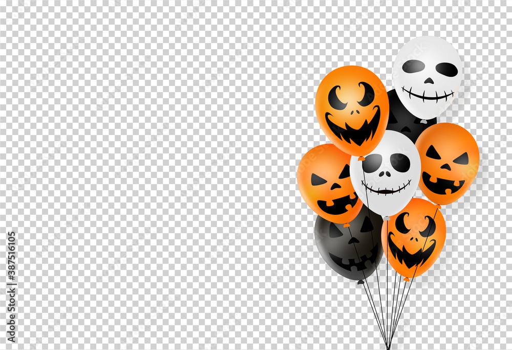 Fototapeta premium Halloween party background with scary black, white, orange air balloons isolated on png or transparent , space for adding text , sale banner template billboard, poster, vector illustration