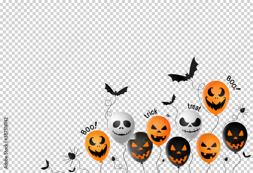 Halloween party  banner background ,scary balloons, bat,spider, spider web isolated  on png or transparent  background, text boo, trick or treat  , sale banner template ,website, poster, vector