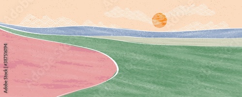 Mid century modern minimalist art print. Abstract contemporary aesthetic backgrounds landscape with forest and mountains. vector illustrations