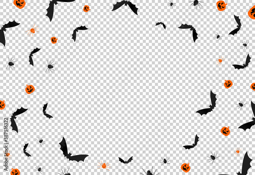 Halloween background full of bat, spider, pumpkin isolated  on png or transparent  background, space for  add text ,banner template, poster,vector illustration