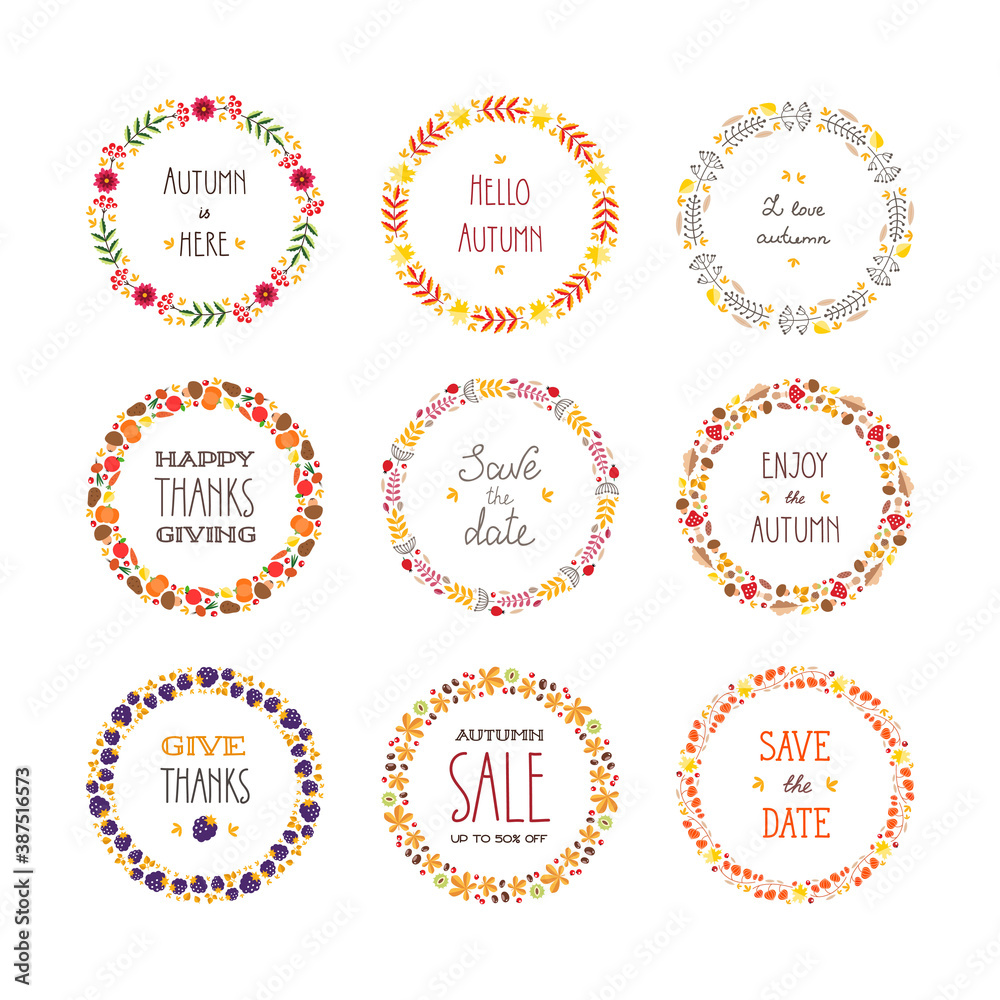 Autumn Wreathes. Collection of autumn vignettes with colorful autumn leaves, berries, plants and hand writing phrases isolated on white. Can be used for invitations, greeting cards or gift tags.