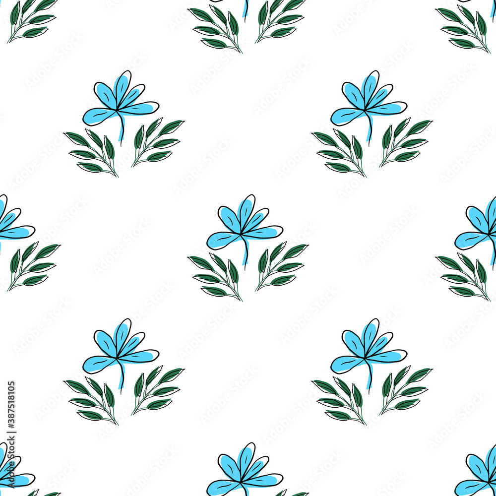 Vector seamless pattern with floral, repeating element. Pattern with a blue flower on a white background. Use in textiles, clothing, wallpaper, design, baby backgrounds, wrapping paper. Vector seamless pattern with floral, repeating element. Pattern with a blue flower on a white background. Use in textiles, clothing, wallpaper, design, baby backgrounds, wrapping paper.